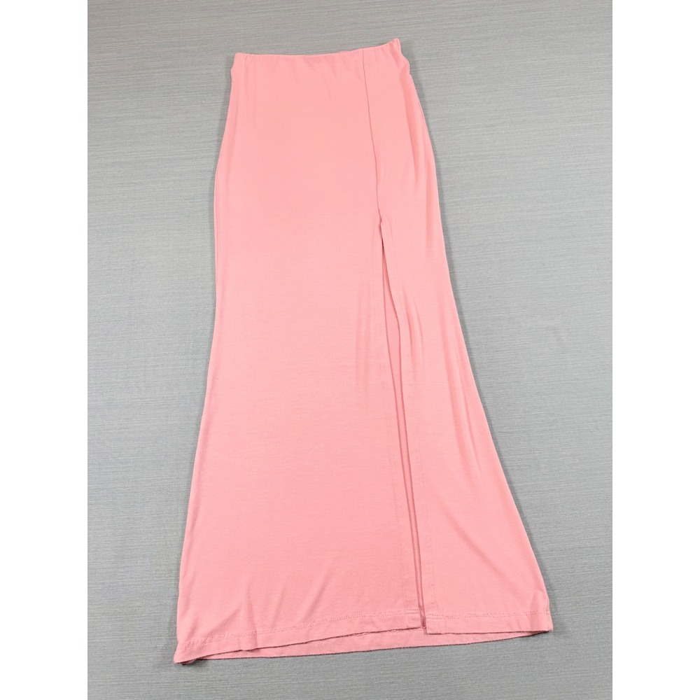 Pink High Slit Maxi Skirt Elastic Waist Jersey Knit Women XS